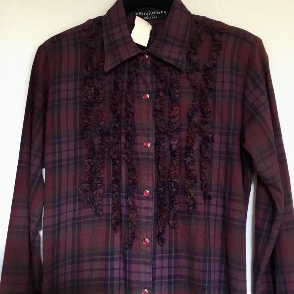 Kettle Black Flannel Button Up Tunic Top Plaid NWT